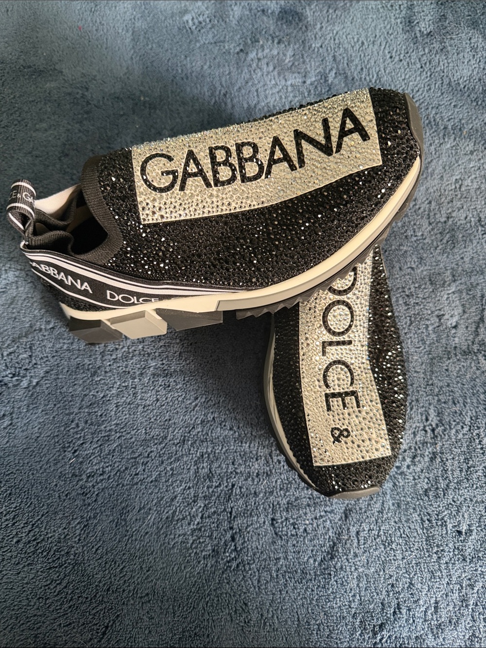 Dolce & Gabbana Black and Silver Crystal-Embellished Slip-On Sneakers